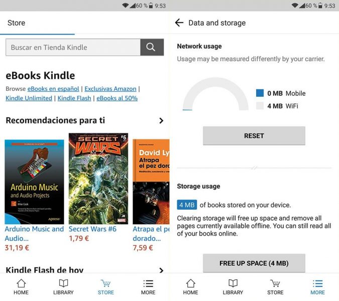 Store and Storage usage pages in Kindle Lite