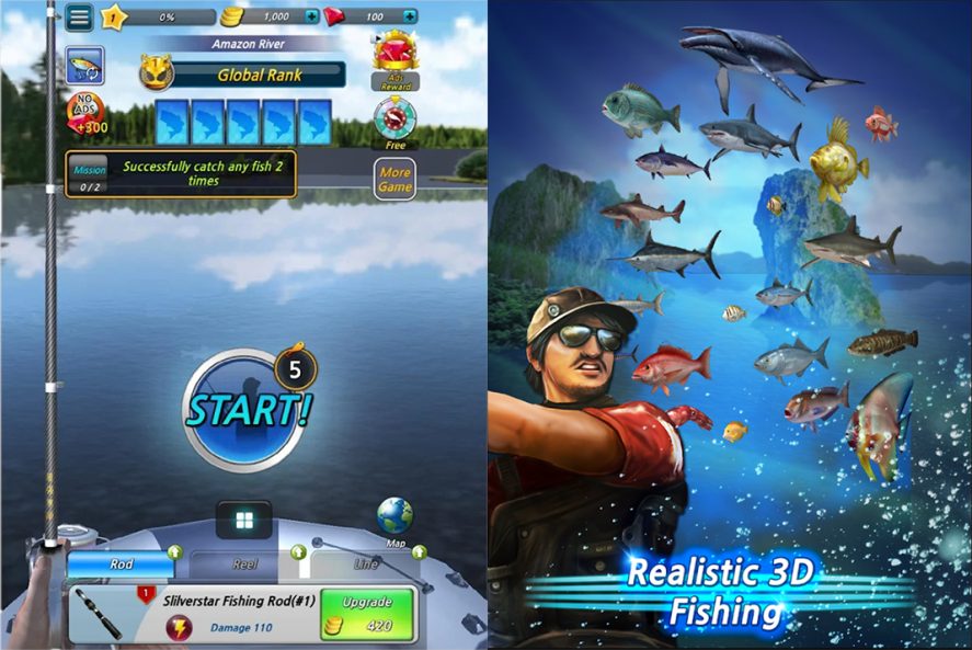 Fishing Season screenshots with start button and fisherman surrounded by fish