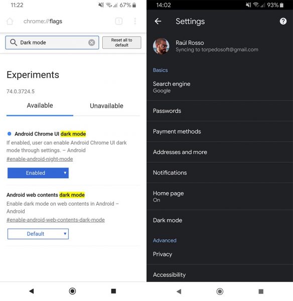 how to set google account to dark mode