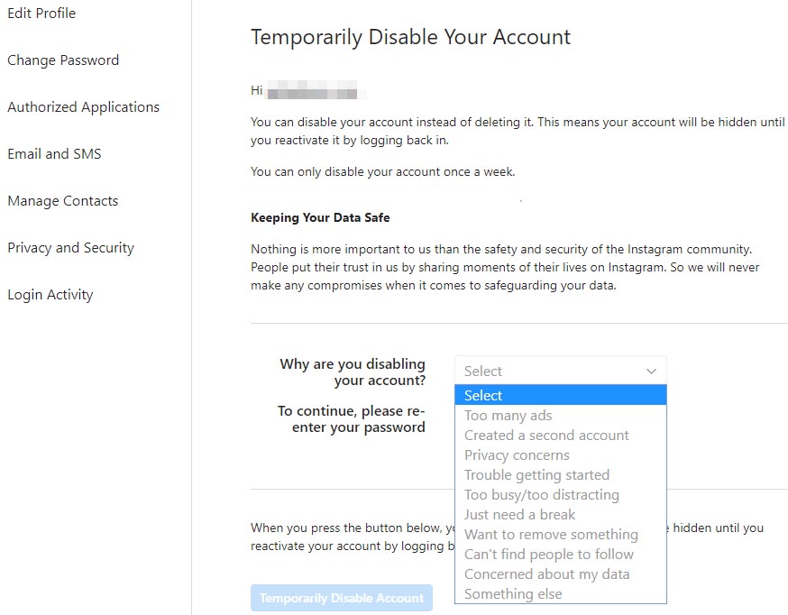 what happens if we temporarily disable instagram account