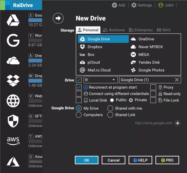RaiDrive: New Drive settings window