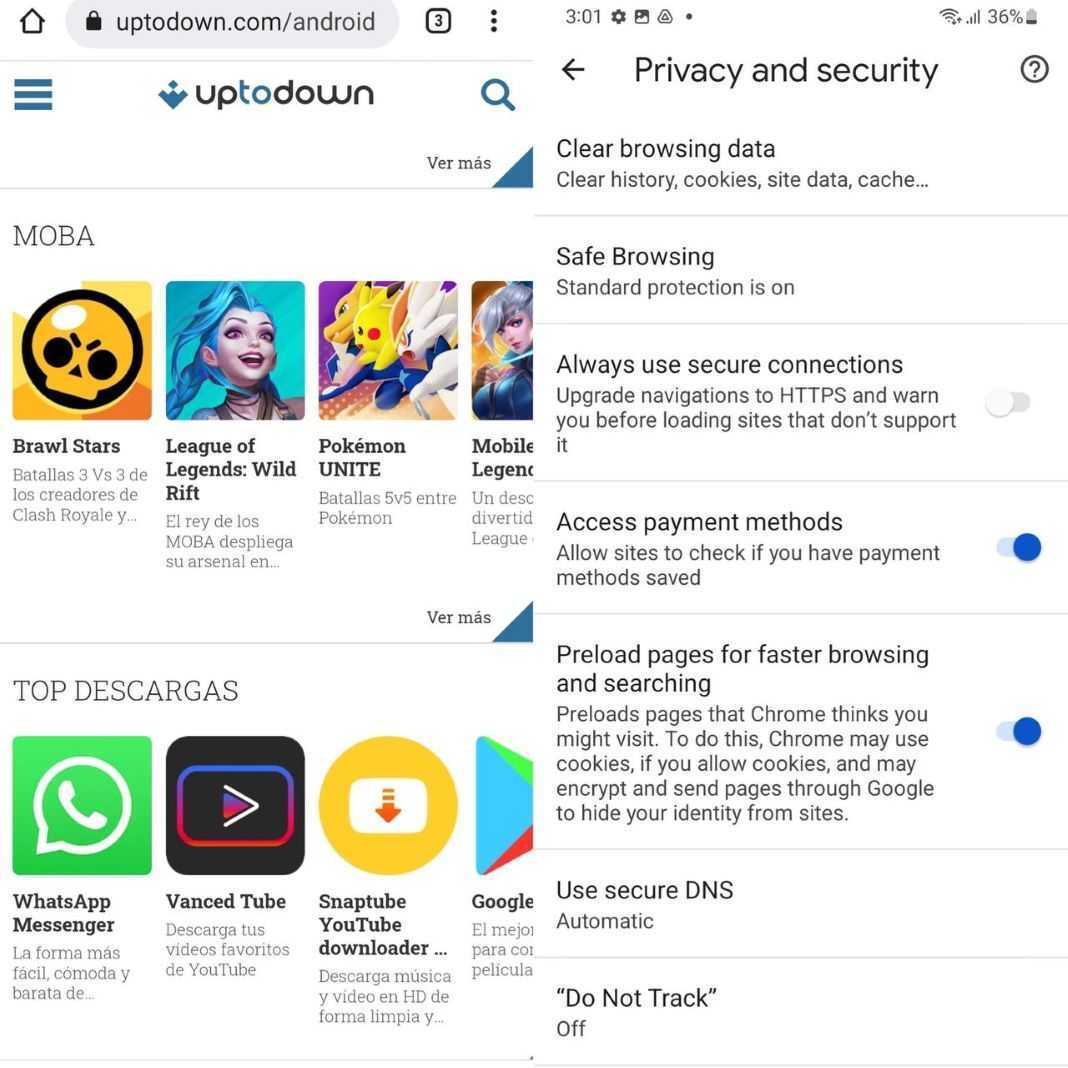 Two screenshots of the Chrome interface showing the Uptodown site on the left and the browser's Privacy and security settings on the right