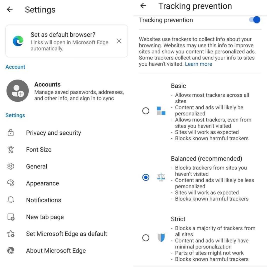 Edge's settings and tracking prevention options