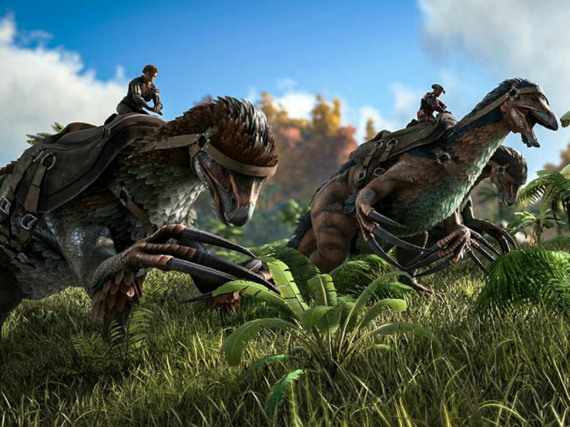 ARK: Survival Evolved Mobile image with three species of giant dinosaurs ridden by humans